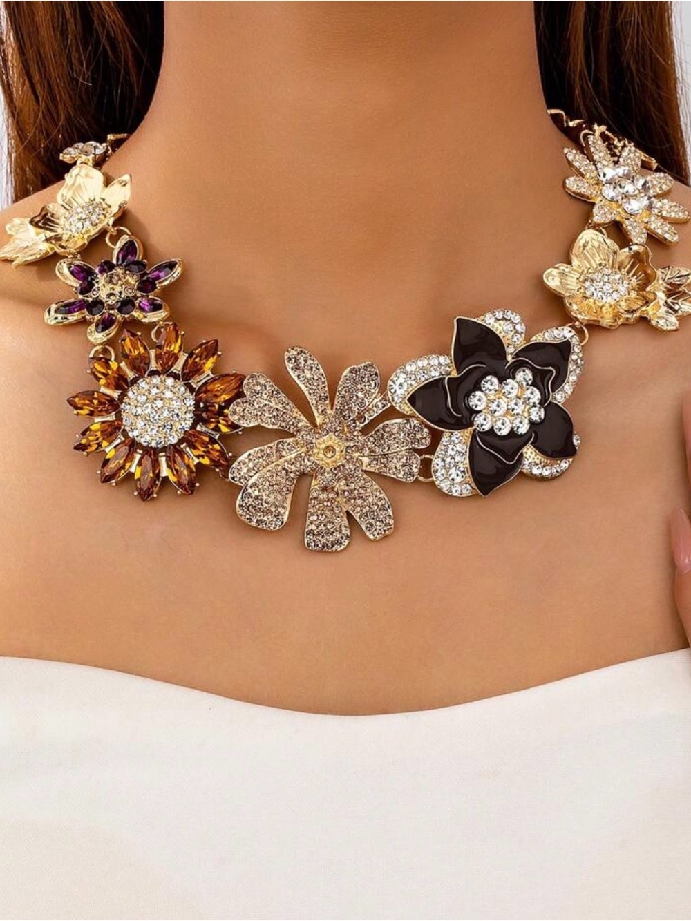 Gold Floral Crystal Statement Necklace - Women Jewelry